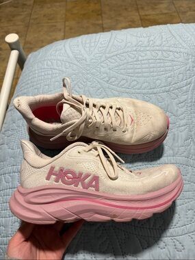 Hoka Women's Cream and Pink Clifton-Style Running Shoes